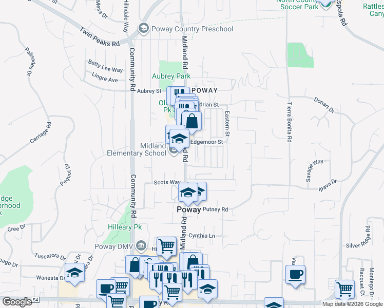 map of restaurants, bars, coffee shops, grocery stores, and more near 13963 Midland Road in Poway