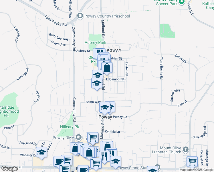 map of restaurants, bars, coffee shops, grocery stores, and more near 13955 Midland Road in Poway