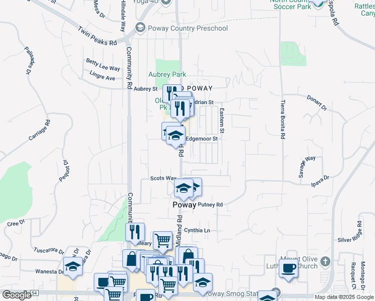map of restaurants, bars, coffee shops, grocery stores, and more near 13947 Midland Road in Poway