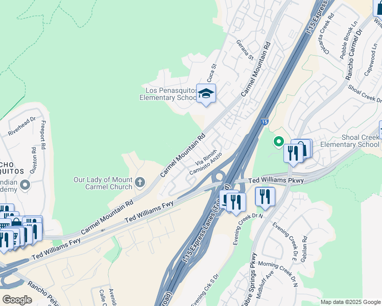 map of restaurants, bars, coffee shops, grocery stores, and more near 11022 Via Asti in San Diego