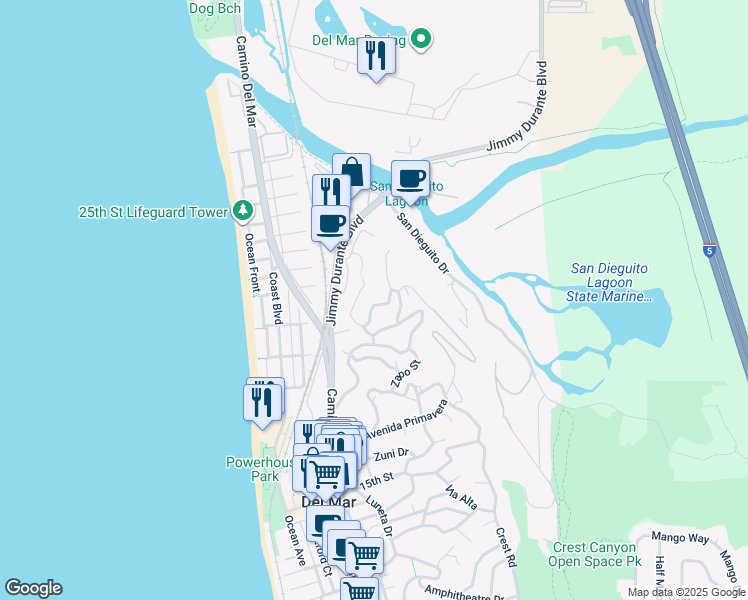 map of restaurants, bars, coffee shops, grocery stores, and more near 408 Luzon Avenue in Del Mar