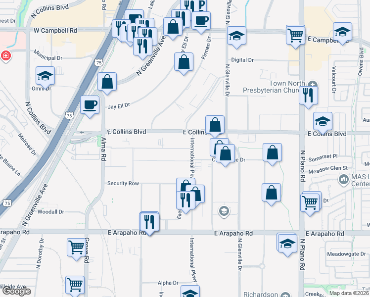map of restaurants, bars, coffee shops, grocery stores, and more near 908 Quality Way in Richardson