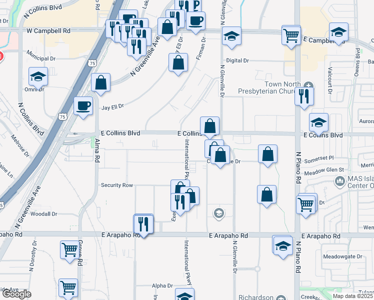 map of restaurants, bars, coffee shops, grocery stores, and more near 1545 International Parkway in Richardson