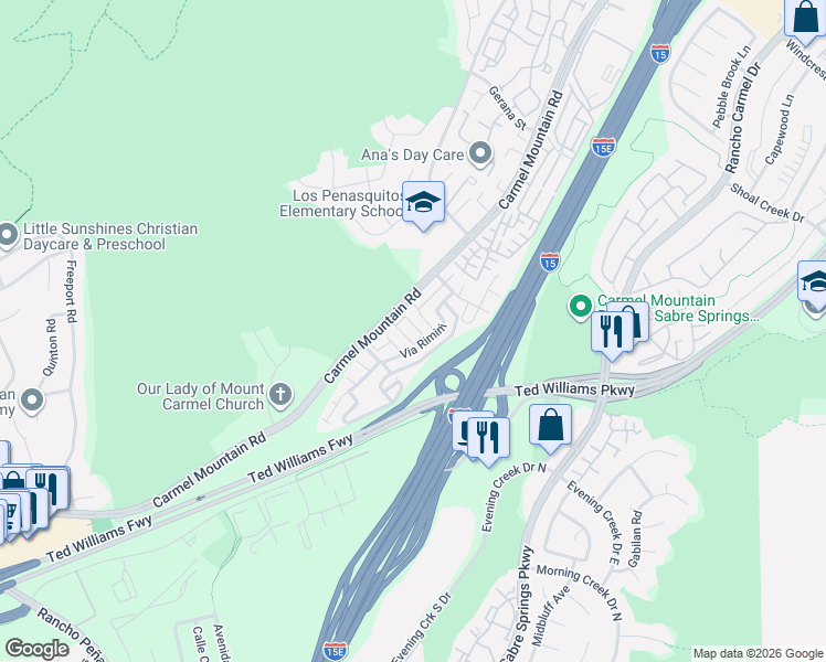map of restaurants, bars, coffee shops, grocery stores, and more near 11026 Via Parma in San Diego