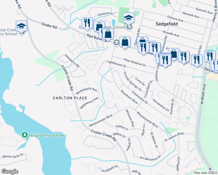 map of restaurants, bars, coffee shops, grocery stores, and more near 93 Lighthouse Drive in Goose Creek