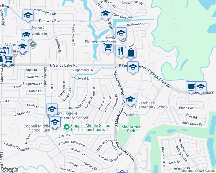 map of restaurants, bars, coffee shops, grocery stores, and more near 222 Barclay Avenue in Coppell