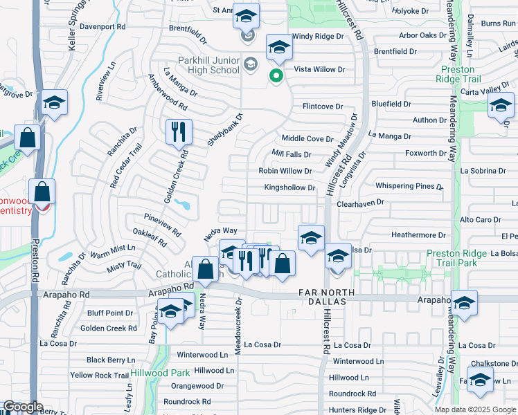 map of restaurants, bars, coffee shops, grocery stores, and more near 6801 Anglebluff Circle in Dallas