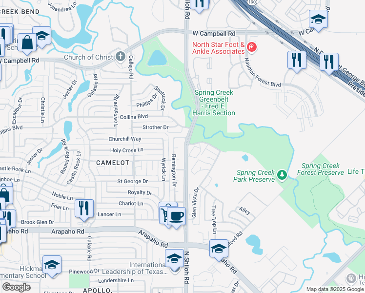 map of restaurants, bars, coffee shops, grocery stores, and more near 2501 Rodeo Court in Garland