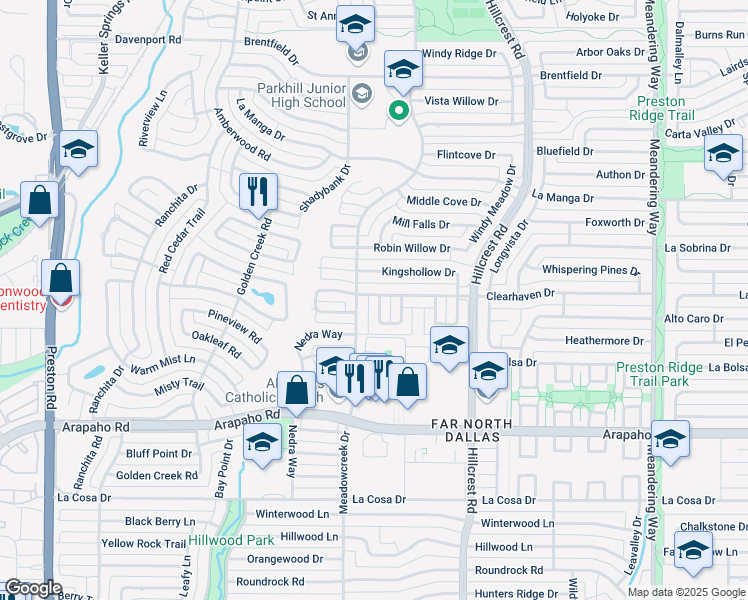 map of restaurants, bars, coffee shops, grocery stores, and more near 6801 Anglebluff Circle in Dallas