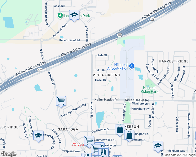 map of restaurants, bars, coffee shops, grocery stores, and more near 3724 Vista Greens Drive in Fort Worth