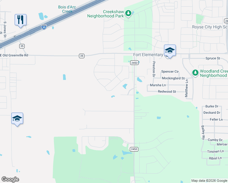 map of restaurants, bars, coffee shops, grocery stores, and more near 482 Farm to Market Road 2453 in Royse City