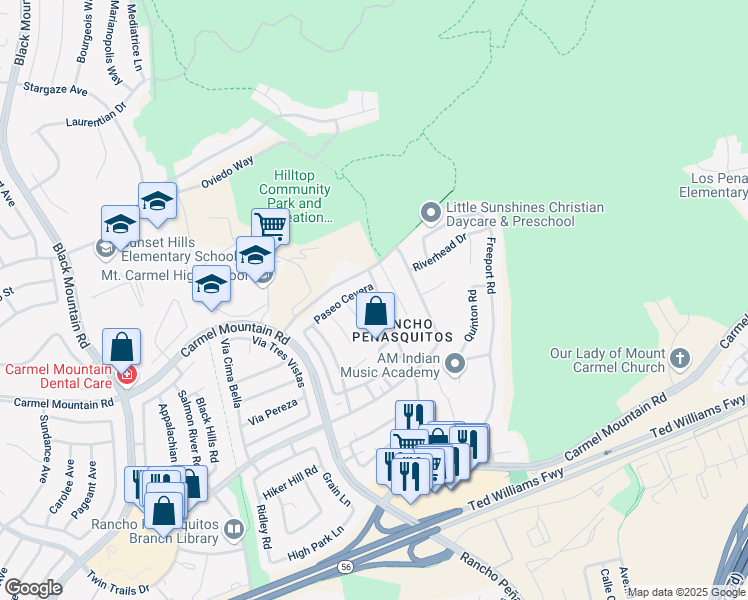 map of restaurants, bars, coffee shops, grocery stores, and more near 13856 Paseo Cardiel in San Diego