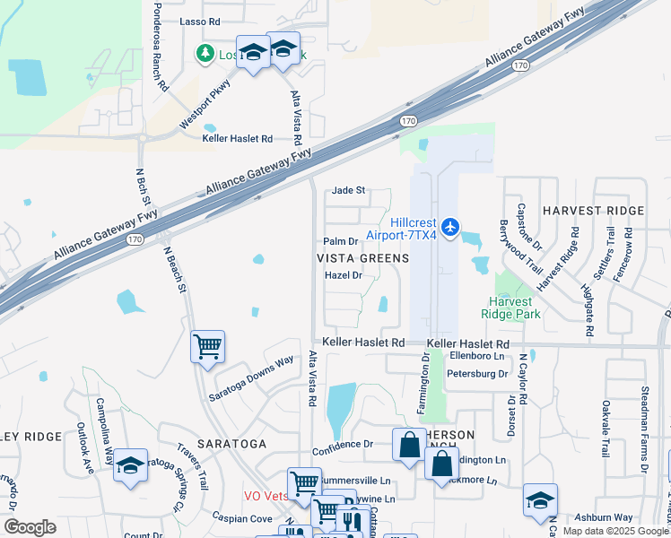 map of restaurants, bars, coffee shops, grocery stores, and more near 3724 Vista Greens Drive in Fort Worth