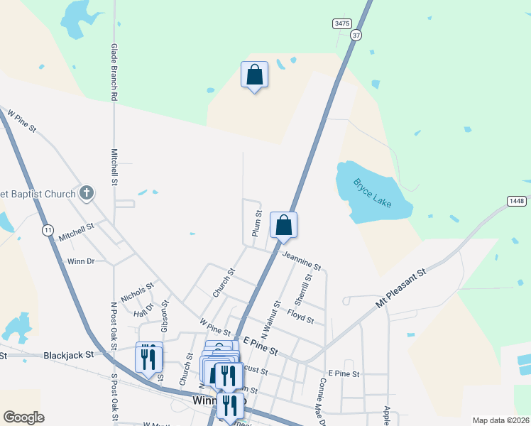 map of restaurants, bars, coffee shops, grocery stores, and more near 1008 Plum Street in Winnsboro