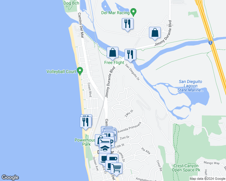 map of restaurants, bars, coffee shops, grocery stores, and more near 2026 Seaview Avenue in Del Mar