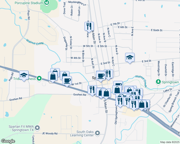 map of restaurants, bars, coffee shops, grocery stores, and more near 218 Walnut Bend Road in Springtown