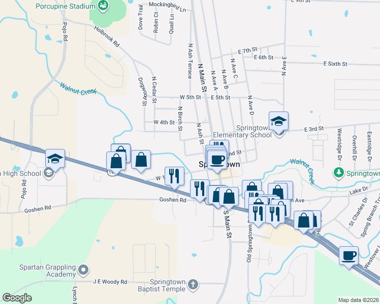 map of restaurants, bars, coffee shops, grocery stores, and more near 218 Walnut Bend Road in Springtown