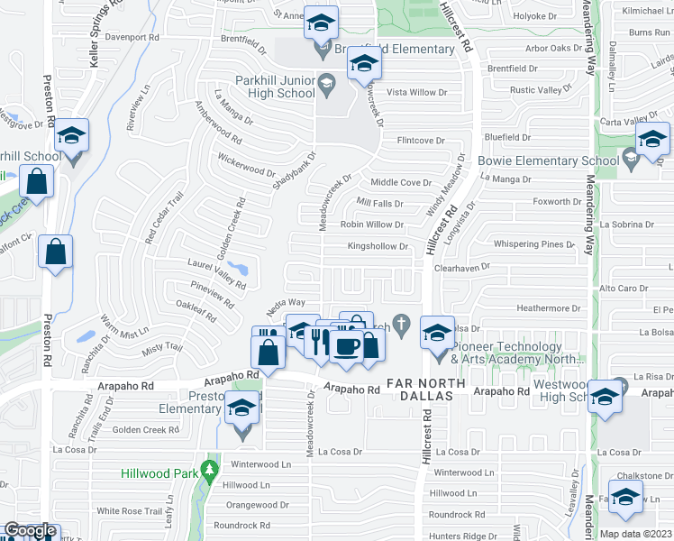 map of restaurants, bars, coffee shops, grocery stores, and more near 6801 Anglebluff Circle in Dallas