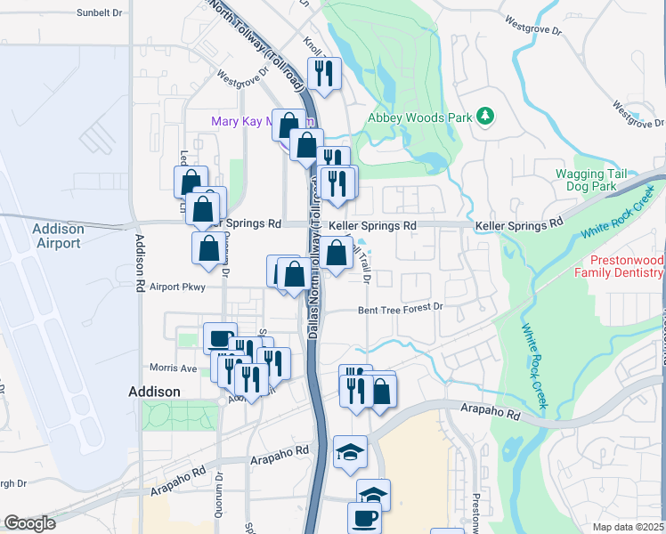 map of restaurants, bars, coffee shops, grocery stores, and more near 16000 Dallas Parkway in Dallas