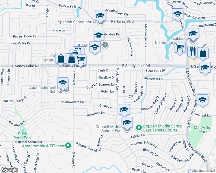 map of restaurants, bars, coffee shops, grocery stores, and more near 733 Sparrow Lane in Coppell