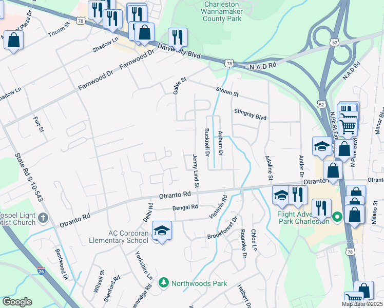map of restaurants, bars, coffee shops, grocery stores, and more near 8783 Yearling Drive in Charleston