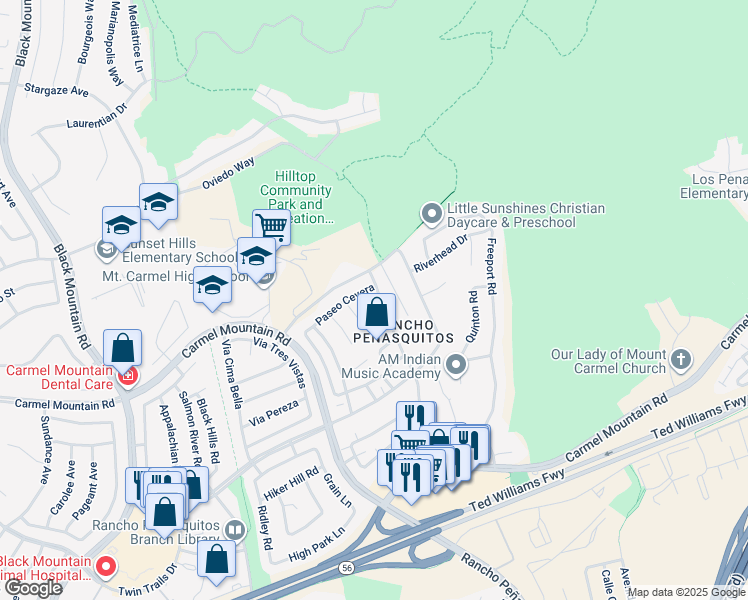 map of restaurants, bars, coffee shops, grocery stores, and more near 13856 Paseo Cardiel in San Diego