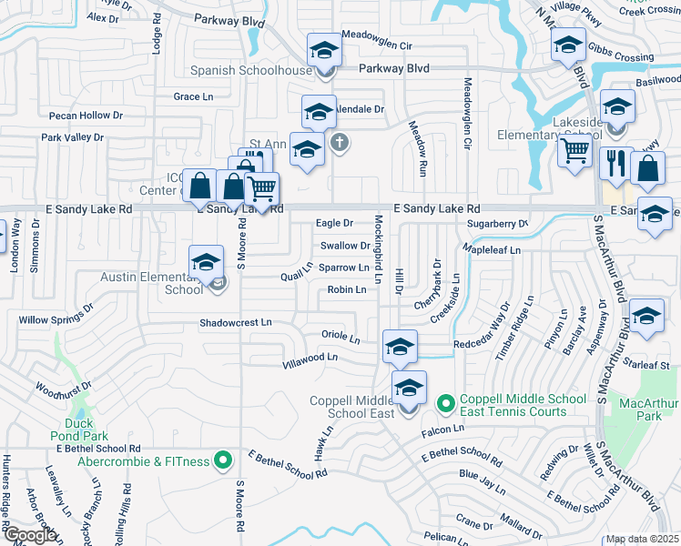 map of restaurants, bars, coffee shops, grocery stores, and more near 733 Sparrow Lane in Coppell