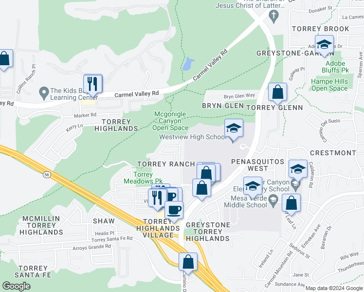 map of restaurants, bars, coffee shops, grocery stores, and more near 13517 Sydney Rae Place in San Diego