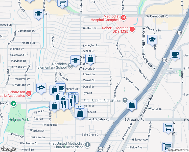 map of restaurants, bars, coffee shops, grocery stores, and more near 425 Lowell Lane in Richardson