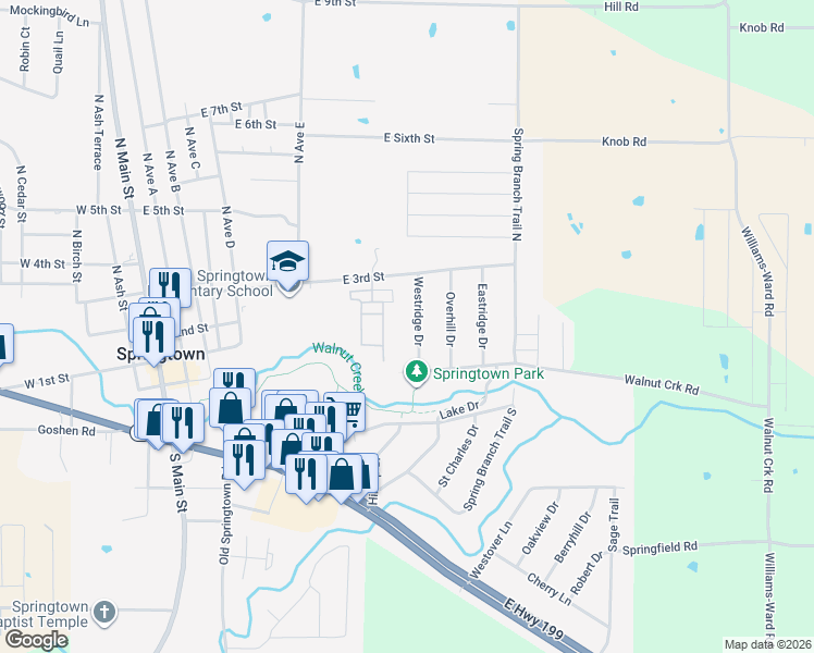 map of restaurants, bars, coffee shops, grocery stores, and more near 121 Westridge Dr in Springtown