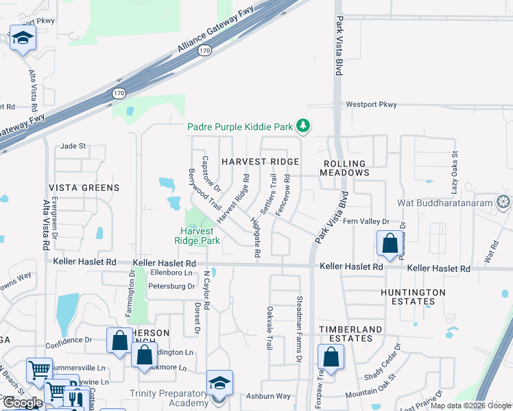 map of restaurants, bars, coffee shops, grocery stores, and more near 13116 Fieldstone Road in Keller