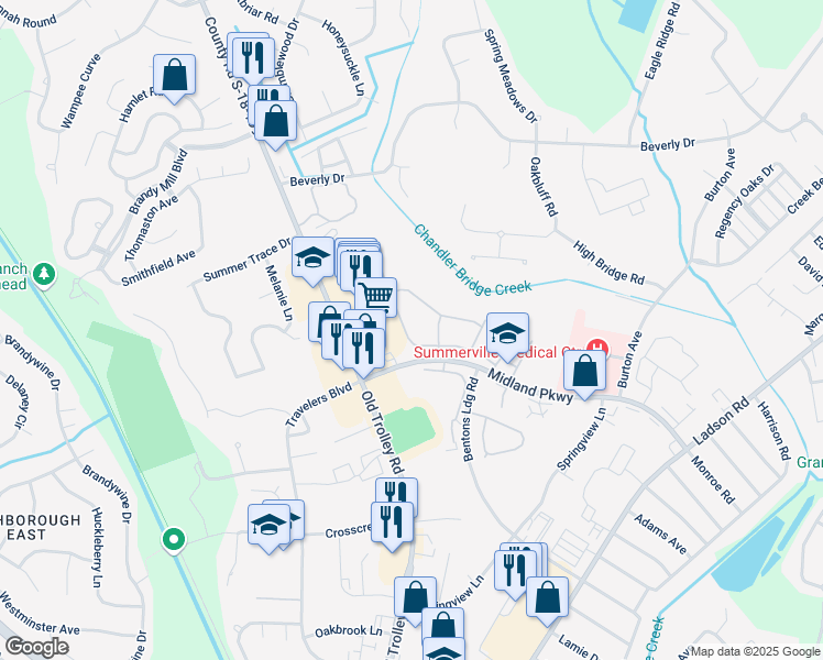 map of restaurants, bars, coffee shops, grocery stores, and more near 212 Dupont Way in Summerville