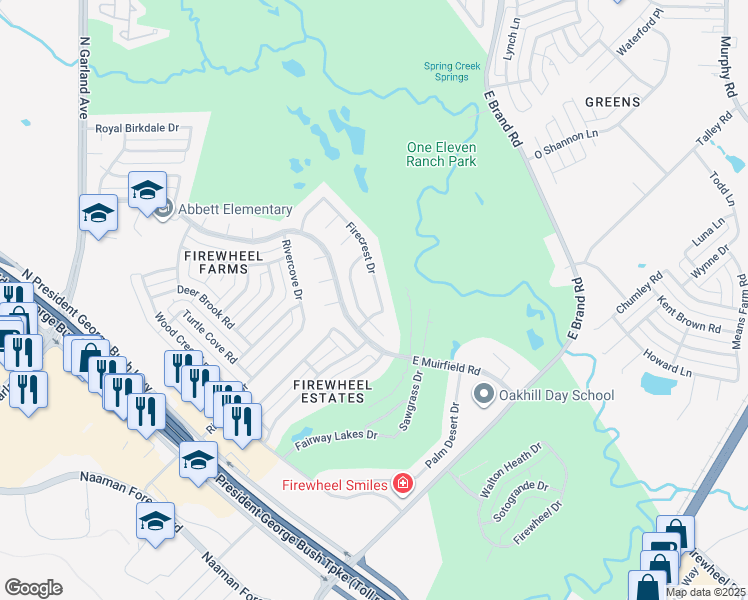 map of restaurants, bars, coffee shops, grocery stores, and more near 5713 Firecrest Drive in Garland