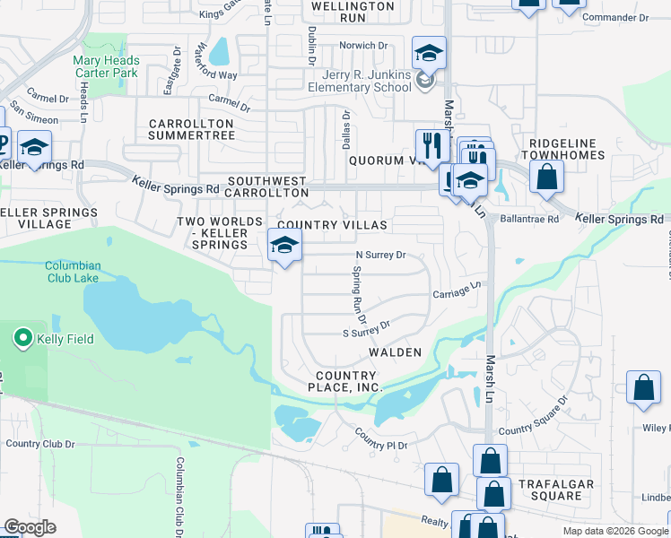 map of restaurants, bars, coffee shops, grocery stores, and more near 2711 Quail Ridge Drive in Carrollton
