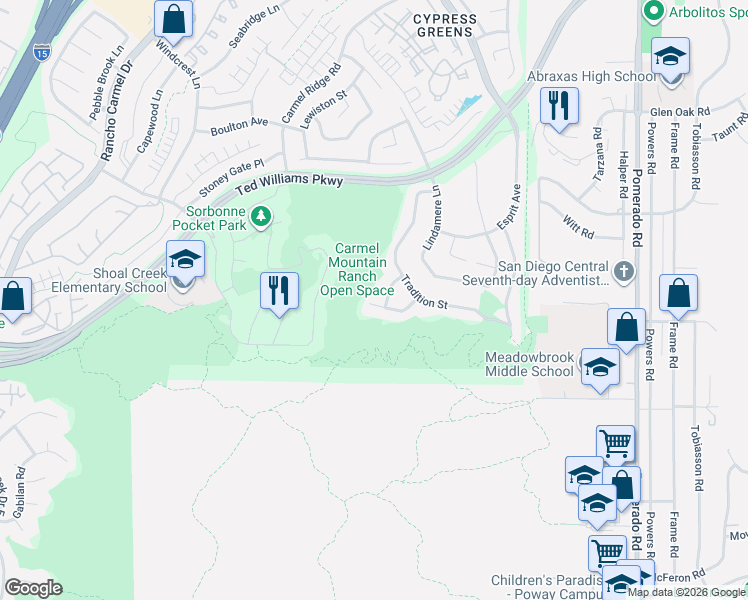 map of restaurants, bars, coffee shops, grocery stores, and more near 13520 Scarsdale Way in San Diego