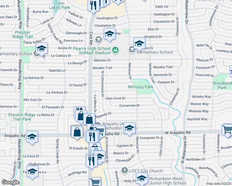 map of restaurants, bars, coffee shops, grocery stores, and more near 1321 Apache Drive in Richardson