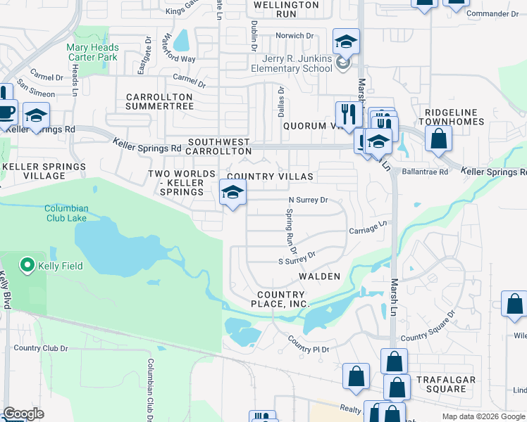 map of restaurants, bars, coffee shops, grocery stores, and more near 2711 Quail Ridge Drive in Carrollton