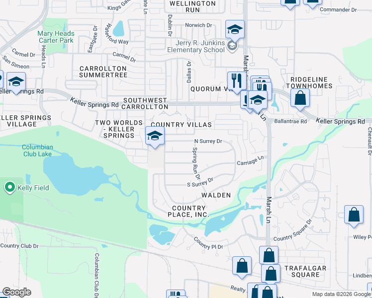 map of restaurants, bars, coffee shops, grocery stores, and more near 2711 Quail Ridge Drive in Carrollton
