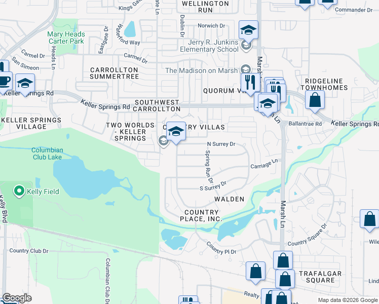 map of restaurants, bars, coffee shops, grocery stores, and more near 2711 Quail Ridge Drive in Carrollton