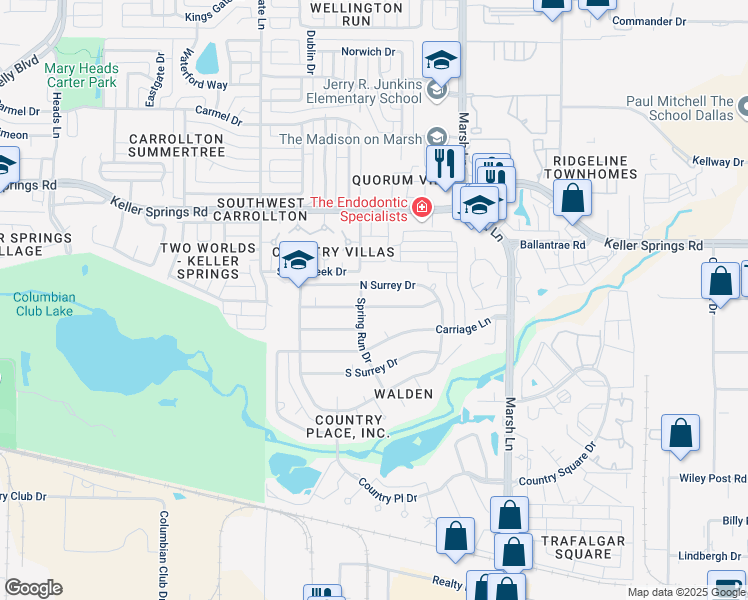 map of restaurants, bars, coffee shops, grocery stores, and more near 2803 Quail Ridge Drive in Carrollton