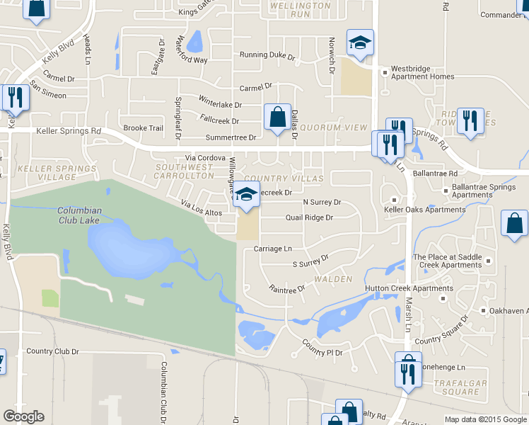 map of restaurants, bars, coffee shops, grocery stores, and more near 2701 Quail Ridge Dr in Carrollton