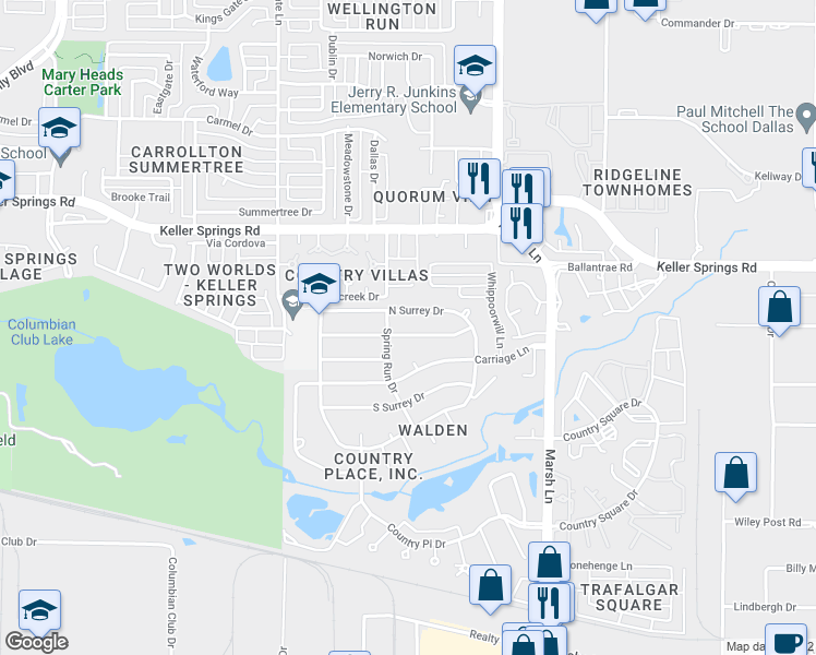 map of restaurants, bars, coffee shops, grocery stores, and more near 2805 Quail Ridge Drive in Carrollton