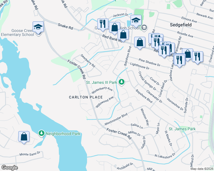 map of restaurants, bars, coffee shops, grocery stores, and more near 1328 Winterberry Avenue in Goose Creek