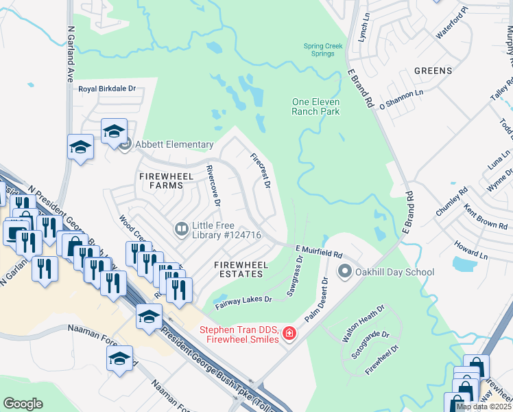 map of restaurants, bars, coffee shops, grocery stores, and more near Indian Hills Drive in Garland