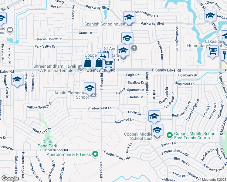 map of restaurants, bars, coffee shops, grocery stores, and more near 624 Quail Ln in Coppell