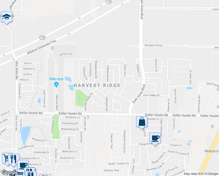 map of restaurants, bars, coffee shops, grocery stores, and more near 13125 Settlers Trail in Keller