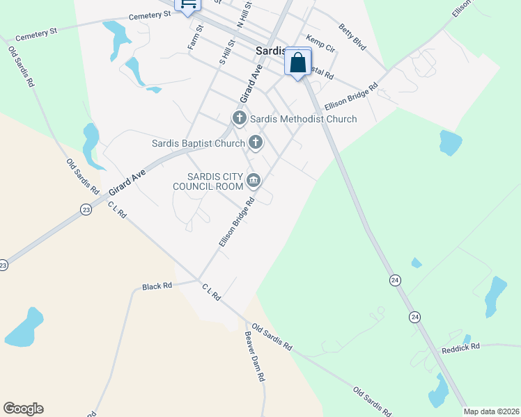 map of restaurants, bars, coffee shops, grocery stores, and more near 1214 Ellison Bridge Road in Sardis