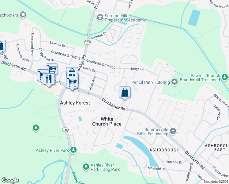 map of restaurants, bars, coffee shops, grocery stores, and more near 232 Medford Drive in Summerville