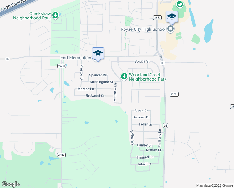 map of restaurants, bars, coffee shops, grocery stores, and more near 908 Matthew Lane in Royse City