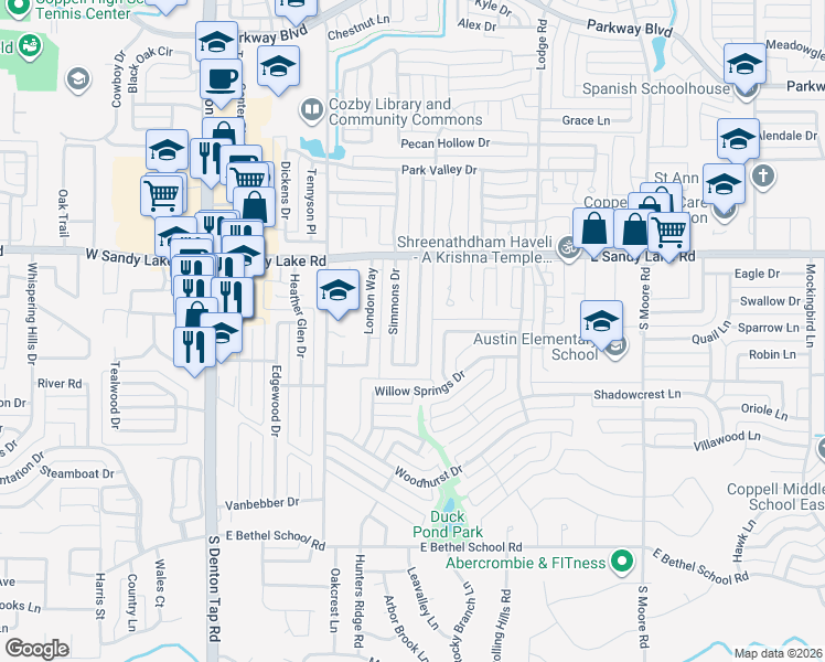 map of restaurants, bars, coffee shops, grocery stores, and more near 216 Simmons Drive in Coppell